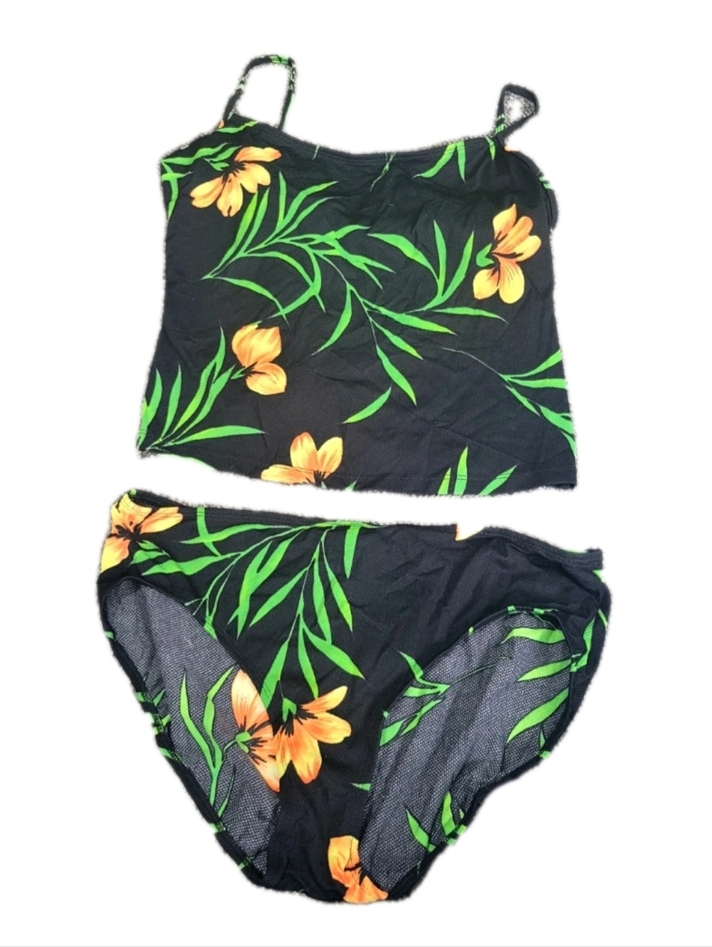 Womens Black Yellow Floral Two-Piece Tankini Swim Set Sz 16